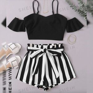Shein Cold Shoulder Crop Top & Paperbag Waist Belted Striped Shorts Set